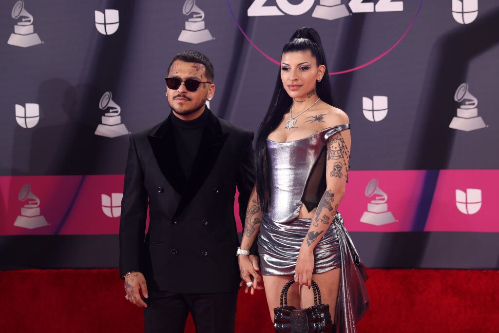 Christian Nodal and Cazzu attend the red carpet during the 23rd Annual Latin GRAMMY Awards at Michelob ULTRA Arena on November 17, 2022 in Las Vegas, Nevada. Omar Vega/FilmMagic
