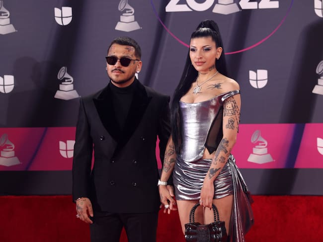 Christian Nodal and Cazzu attend the red carpet during the 23rd Annual Latin GRAMMY Awards at Michelob ULTRA Arena on November 17, 2022 in Las Vegas, Nevada. Omar Vega/FilmMagic