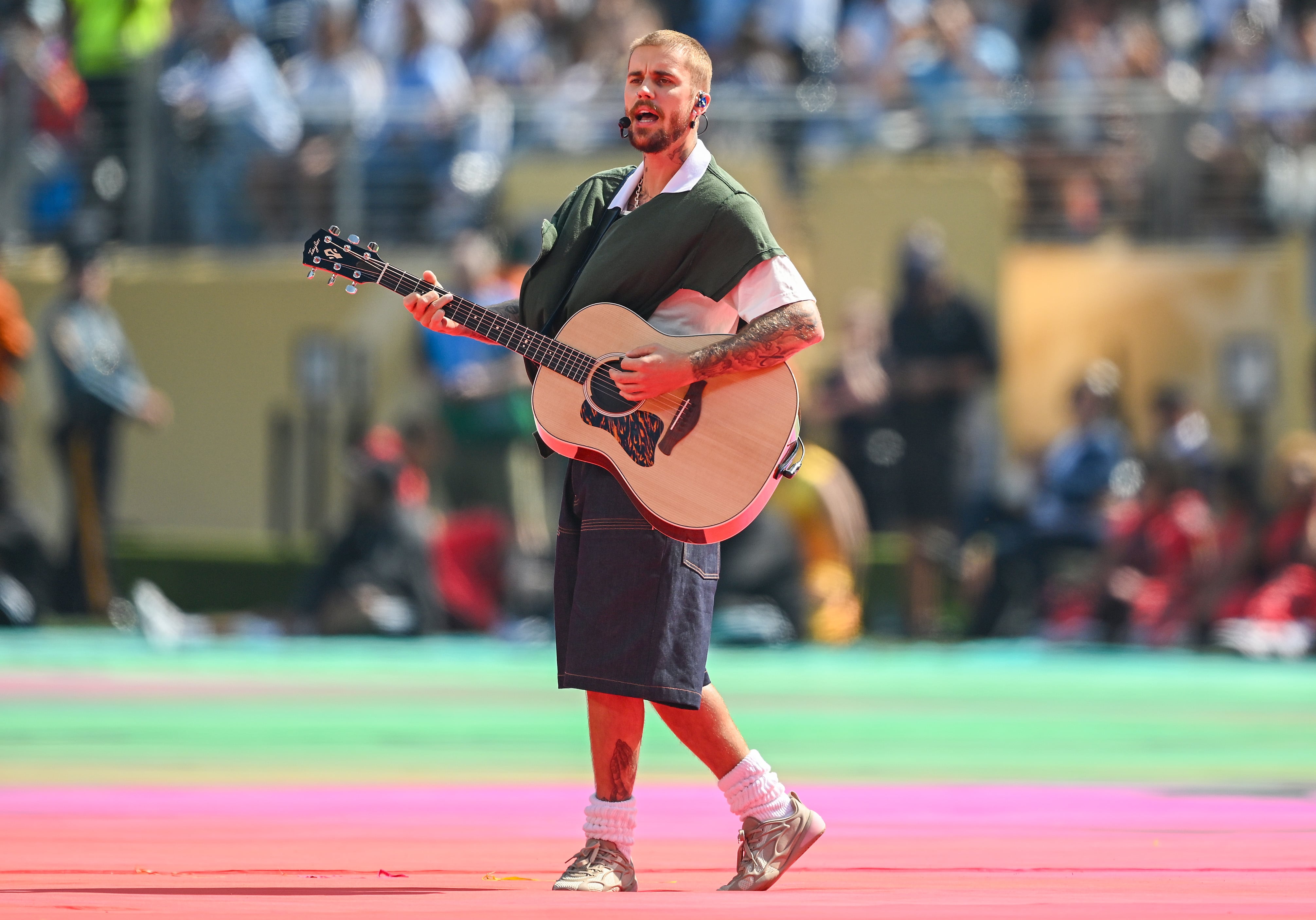 EAST RUTHERFORD, NEW JERSEY - JULY 19: Justin Bieber performs during the Topps Final Halftime Show the FIFA World Cup 2026 Final match between Spain and Argentina at New York New Jersey Stadium on July 19, 2026 in East Rutherford, New Jersey. (Photo by Hannah Peters - FIFA/FIFA via Getty Images)