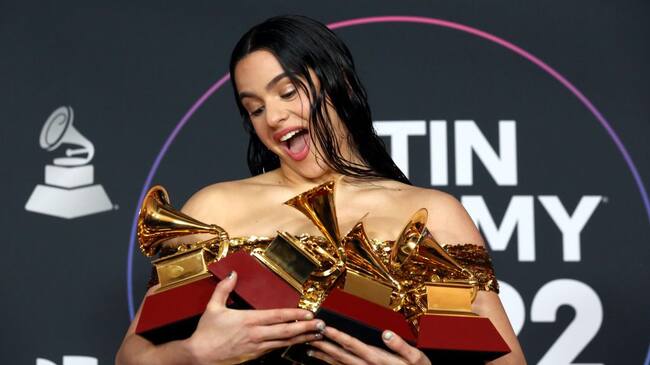 Rosalía poses with the awards for Best Recording Package, Album of the Year, and Best Alternative Music Album in the media center for The 23rd Annual Latin Grammy Awards at the Mandalay Bay Events Center on November 17, 2022 in Las Vegas, Nevada. (Photo by Gabe Ginsberg/Getty Images for The Latin Recording Academy )