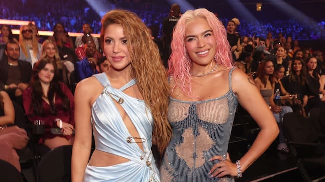 Shakira and Karol G at the 2023 MTV Video Music Awards held at Prudential Center on September 12, 2023 in Newark, New Jersey. Christopher Polk/Variety via Getty Images