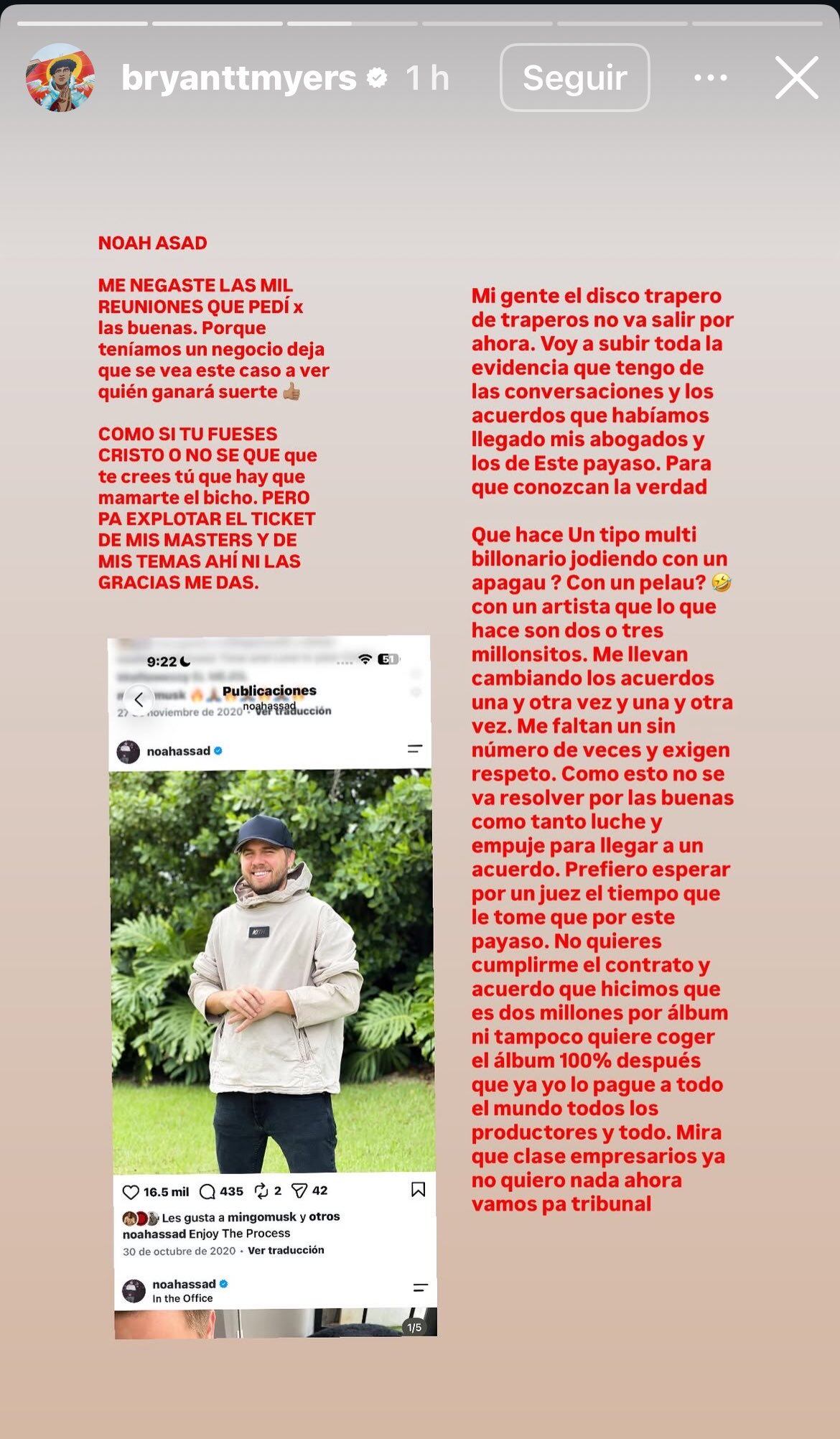 Comunicado de Bryant Myers contra Noah Assad, 29 de septiembre de 2026
