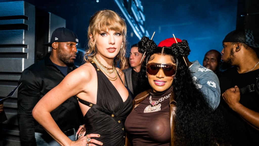 Taylor Swift and Nicki Minaj seen backstage during the 2023 Video Music Awards at Prudential Center on September 12, 2023 in Newark, New Jersey. John Shearer/Getty Images for MTV
