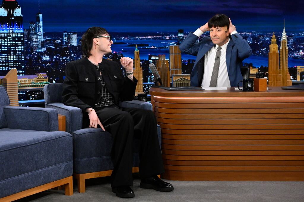 Peso Pluma during an interview with host Jimmy Fallon on Thursday, May 16, 2024. Todd Owyoung/NBC