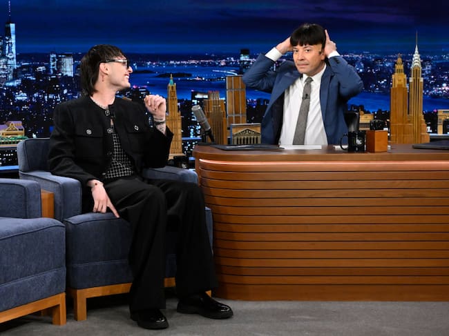 Peso Pluma during an interview with host Jimmy Fallon on Thursday, May 16, 2024. Todd Owyoung/NBC