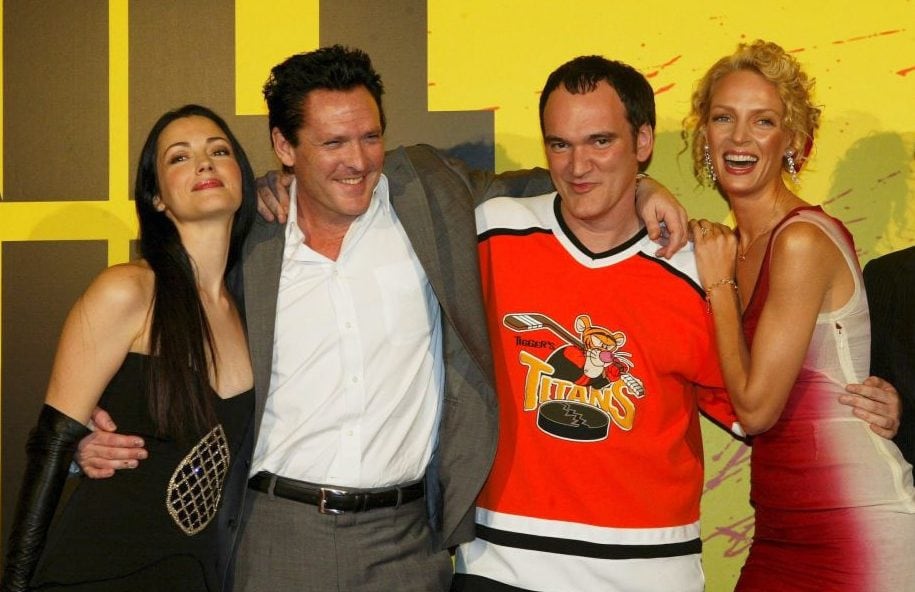 <em>Kill Bill</em> Premiere At Rex Cinema In Paris. On November 4, 2003 In Paris, France. Julie Dreyfus, Michael Madsen, Quentin Tarantino, Uma Thurman (Serge BENHAMOU/ Getty Images)
