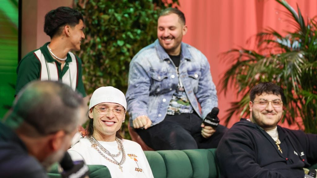 Jesus Gonzalez, Yng Lvcas, Peso Pluma, and Juan Javier Cantu and Adelaido «Payo» Solís of Grupo Frontera speak onstage at Billboard Latin Music Week held at Faena Forum on October 3, 2023 in Miami Beach, Florida. Christopher Polk/Billboard via Getty Images