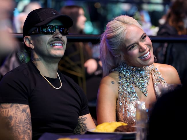 Feid and Karol G at Billboard Women In Music 2024 held at YouTube Theater on March 6, 2024 in Inglewood, California. (Photo by Christopher Polk/Billboard via Getty Images)