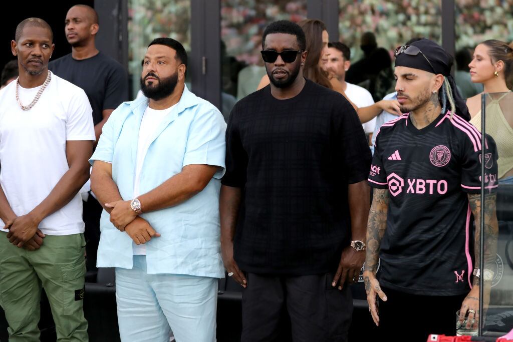 Ray Allen, DJ Khaled, Diddy, and Rauw Alejandro look on prior to the Leagues Cup 2023 match between Inter Miami CF and Atlanta United at DRV PNK Stadium on July 25, 2023 in Fort Lauderdale, Florida. Megan Briggs/Getty Images