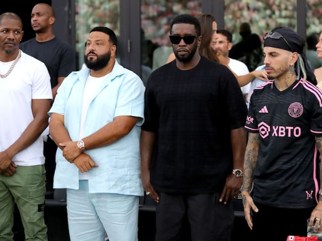 Ray Allen, DJ Khaled, Diddy, and Rauw Alejandro look on prior to the Leagues Cup 2023 match between Inter Miami CF and Atlanta United at DRV PNK Stadium on July 25, 2023 in Fort Lauderdale, Florida. Megan Briggs/Getty Images