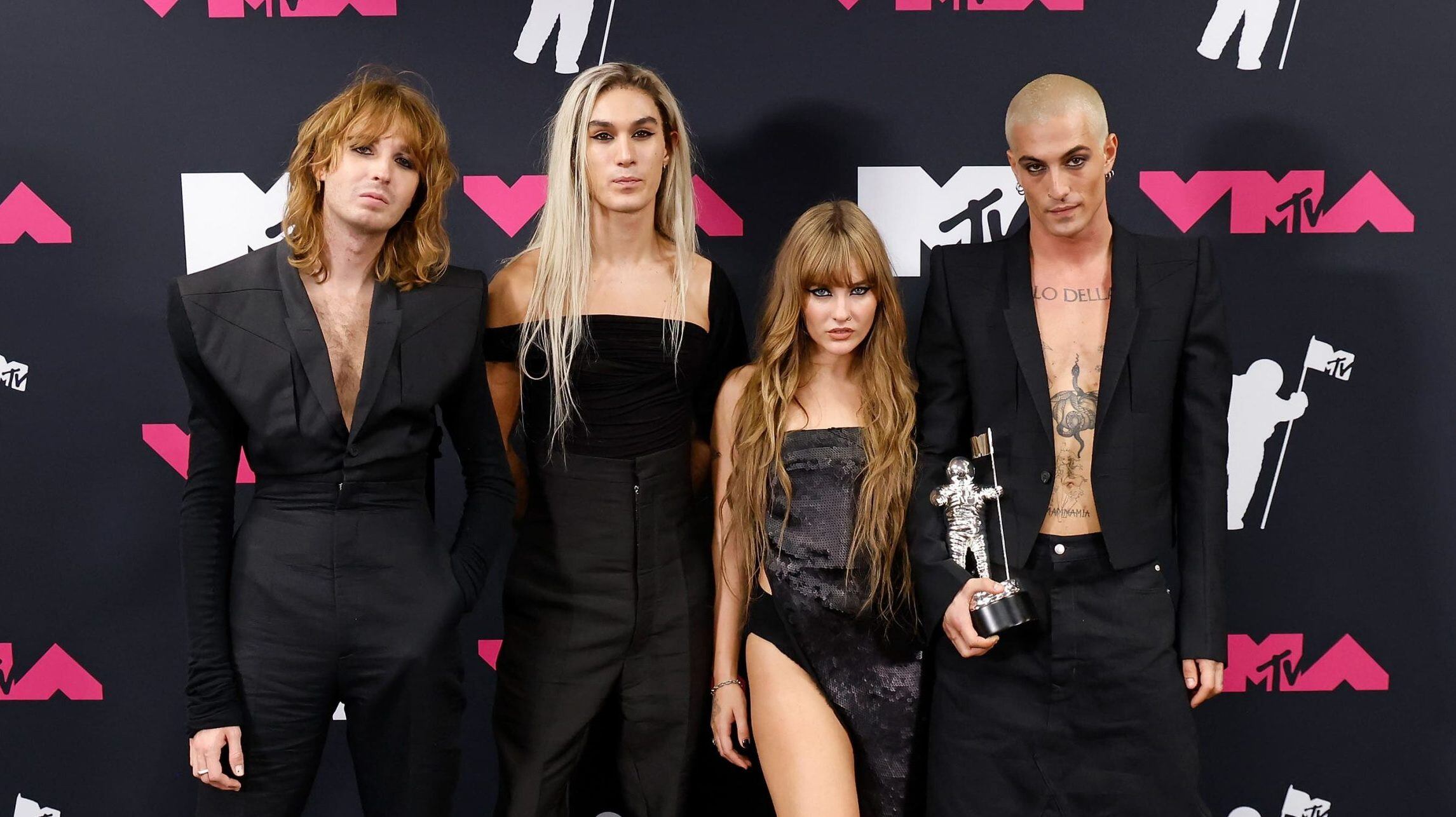 Thomas Raggi, Ethan Torchio, Victoria De Angelis, and Damiano David of Maneskin pose in the press room at the 2023 MTV Video Music Awards at Prudential Center on September 12, 2023 in Newark, New Jersey. Taylor Hill/FilmMagic