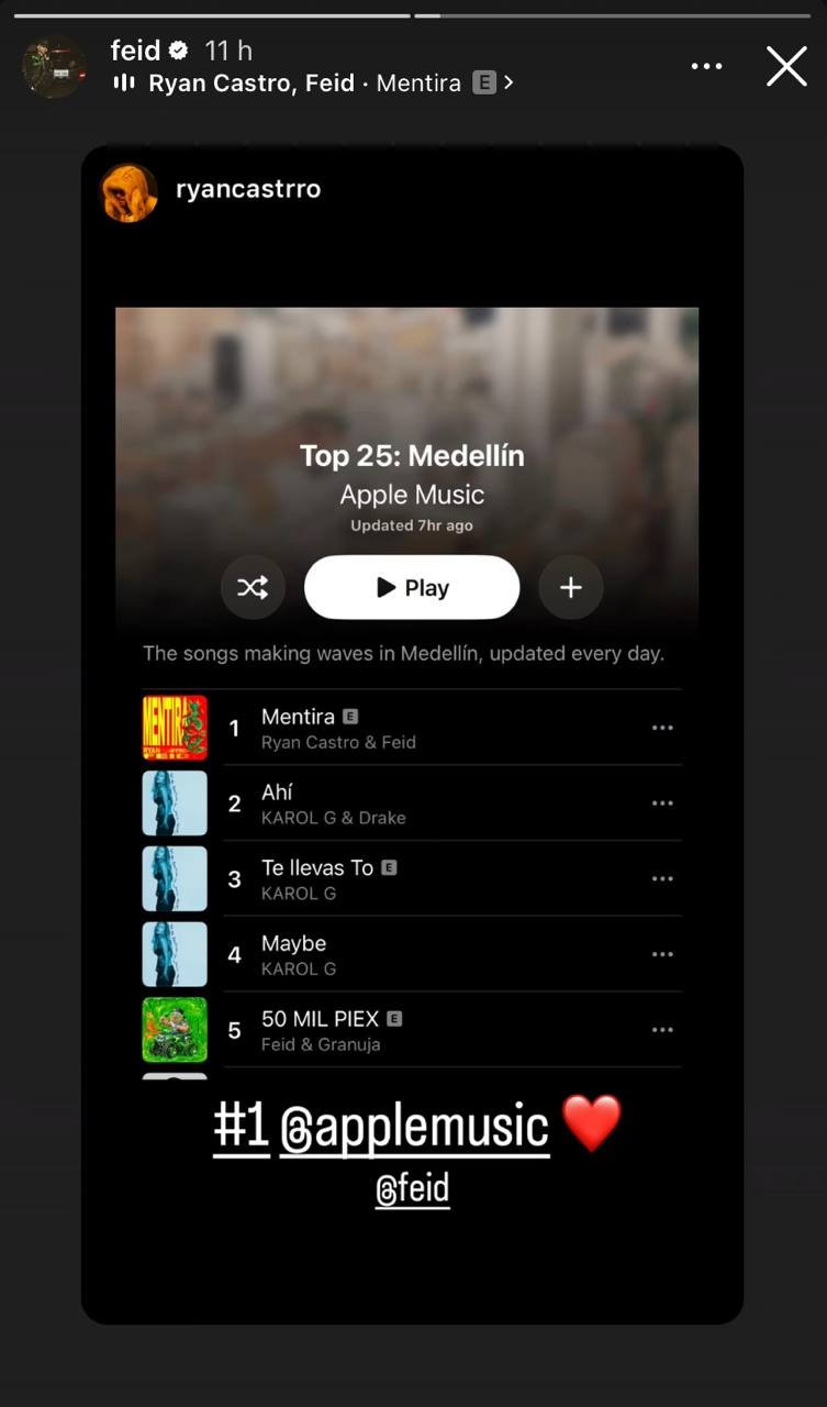 Feid repostea una story de Ryan Castro celebrando el #1 de su tema 'Mentira', el 9 de agosto de 2026