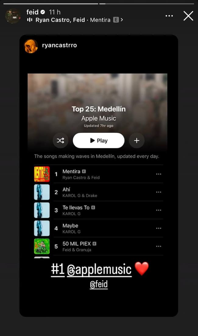 Feid repostea una story de Ryan Castro celebrando el #1 de su tema 'Mentira', el 9 de agosto de 2026
