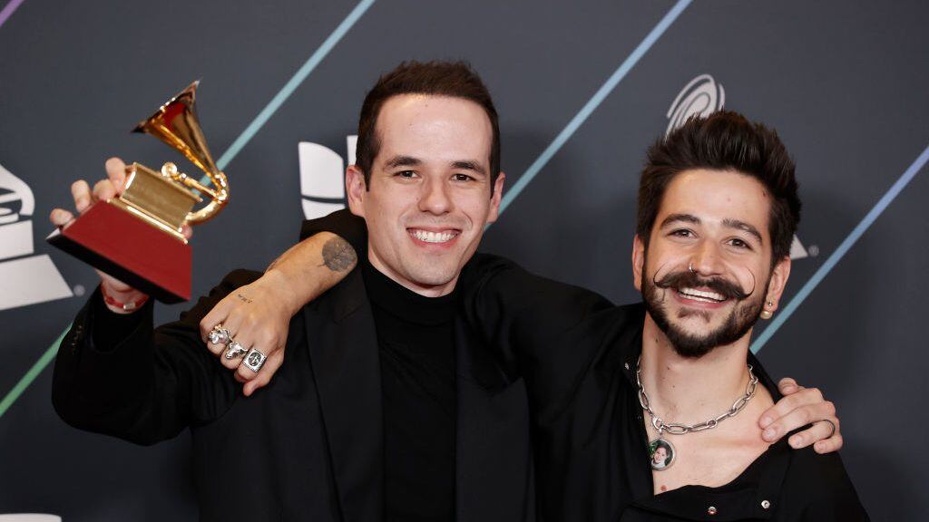 Best Pop Song award winners Edgar Barrera and Camilo at The 22nd Annual Latin GRAMMY Awards. Arturo Holmes/Getty Images.