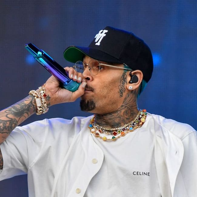 Chris Brown onstage during the Lovers & Friends music festival at the Las Vegas Festival Grounds. Aaron J. Thornton/Getty Images.
