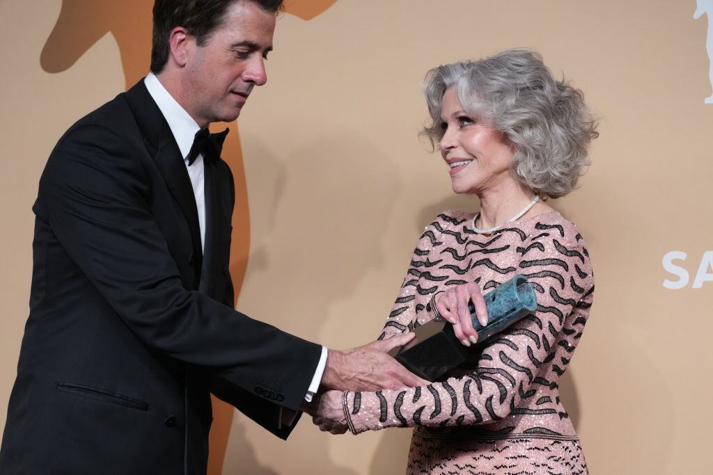 Troy Garity poses with honoree Jane Fonda, recipient of the Screen Actors Guild Life Achievement Award, in the press room during the 31st Annual Screen Actors Guild Awards at Shrine Auditorium and Expo Hall on February 23, 2025 in Los Angeles, California. Jeff Kravitz/FilmMagic