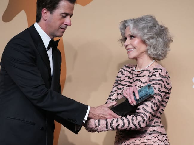Troy Garity poses with honoree Jane Fonda, recipient of the Screen Actors Guild Life Achievement Award, in the press room during the 31st Annual Screen Actors Guild Awards at Shrine Auditorium and Expo Hall on February 23, 2025 in Los Angeles, California. Jeff Kravitz/FilmMagic
