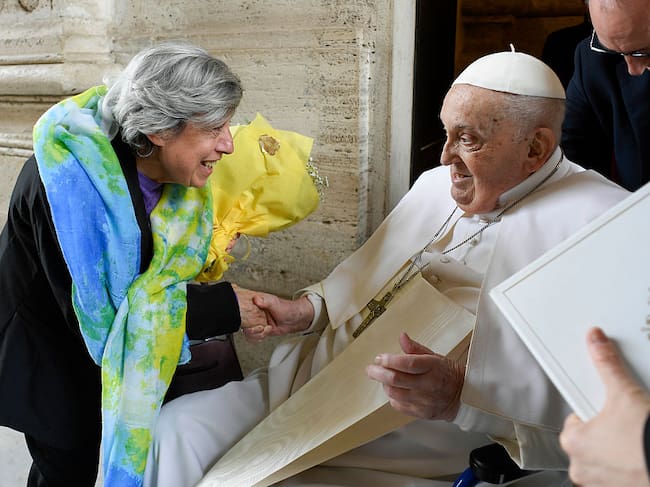 Pope Francis greets a lady during the Easter Mass in St. Peter’s Square on April 20, 2025 in Vatican City, Vatican. Vatican Media via Vatican Pool/Getty Images