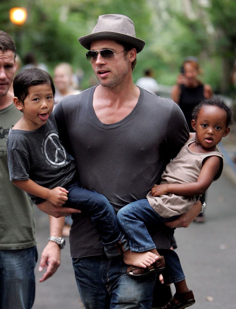 Brad Pitt with children Pax Jolie-Pitt and Zahara Jolie-Pitt, in New York City on August 26, 2007. James Devaney/Getty Images.