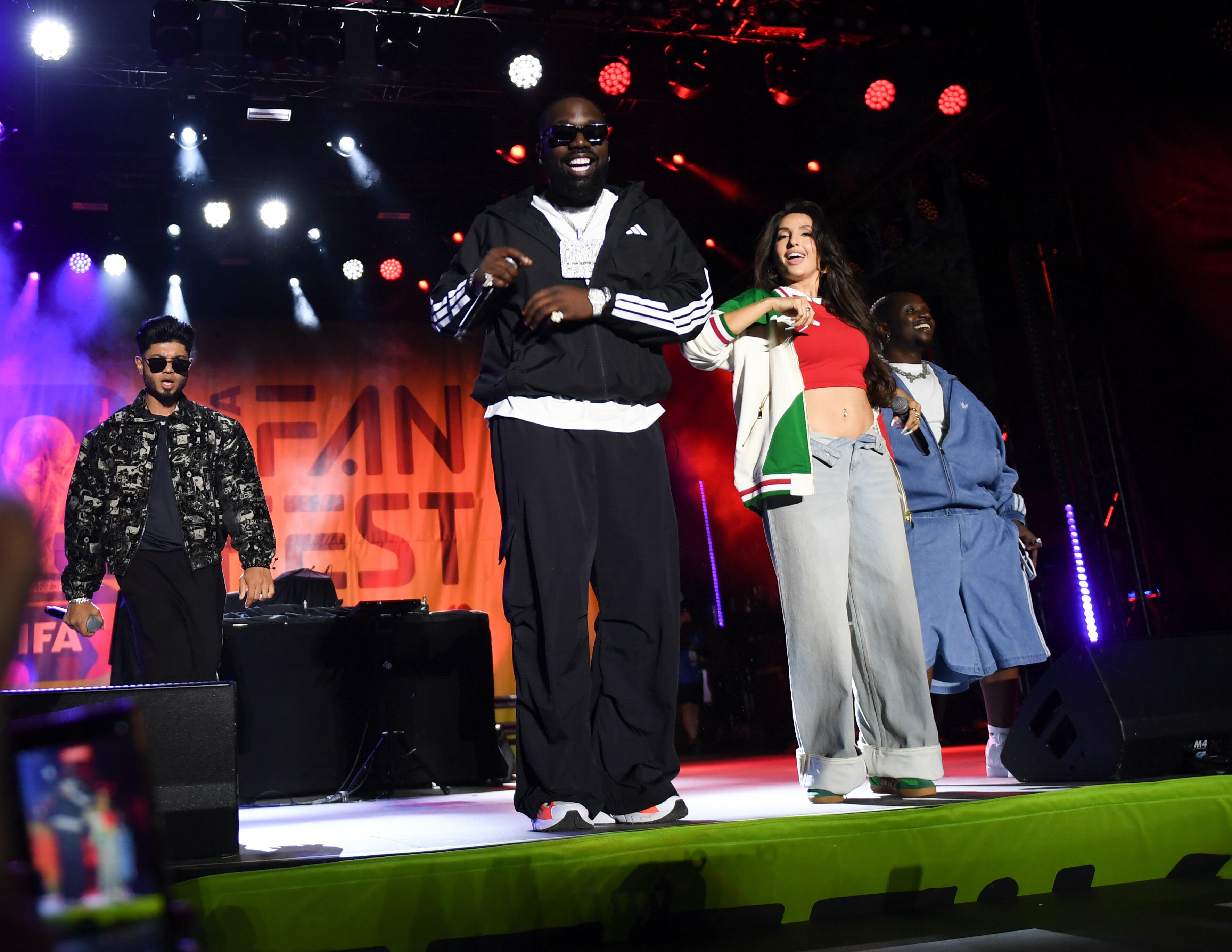 Nora Fatehi, Sanjoy and Vegedream perform during the FIFA World Cup 2026 Countdown Concert at Fort York and the Bentway on June 10, 2026 in Toronto, Ontario.