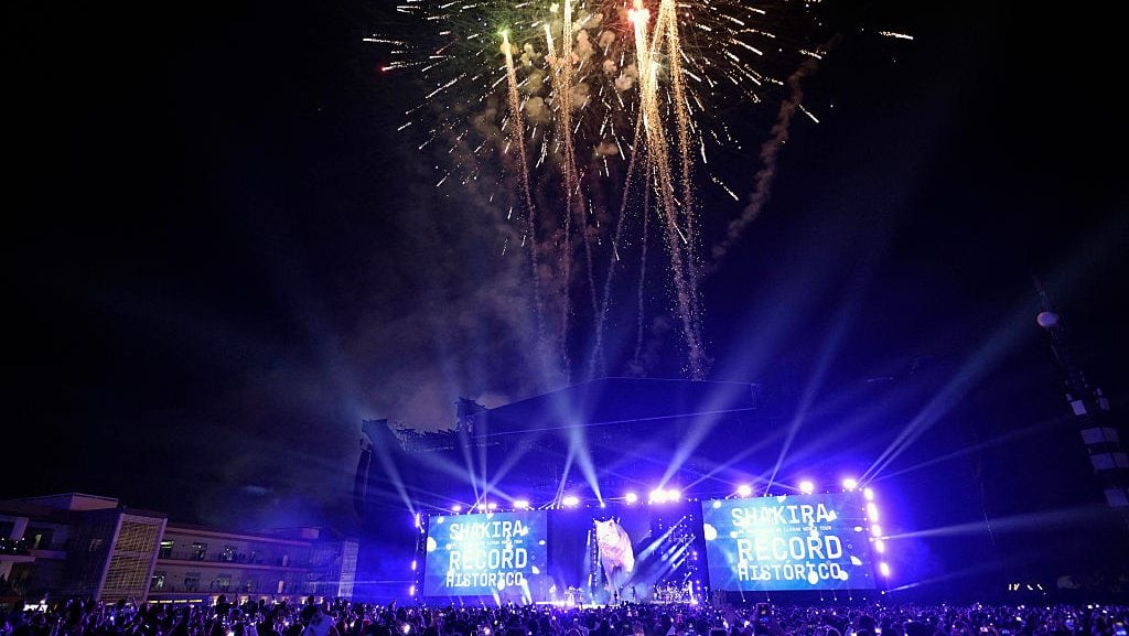 Shakira performs during her ‘Las Mujeres ya no Lloran’ tour at the GNP Seguros Stadium in Mexico City on March 30, 2025. (Alfredo Estrella/Getty Images)