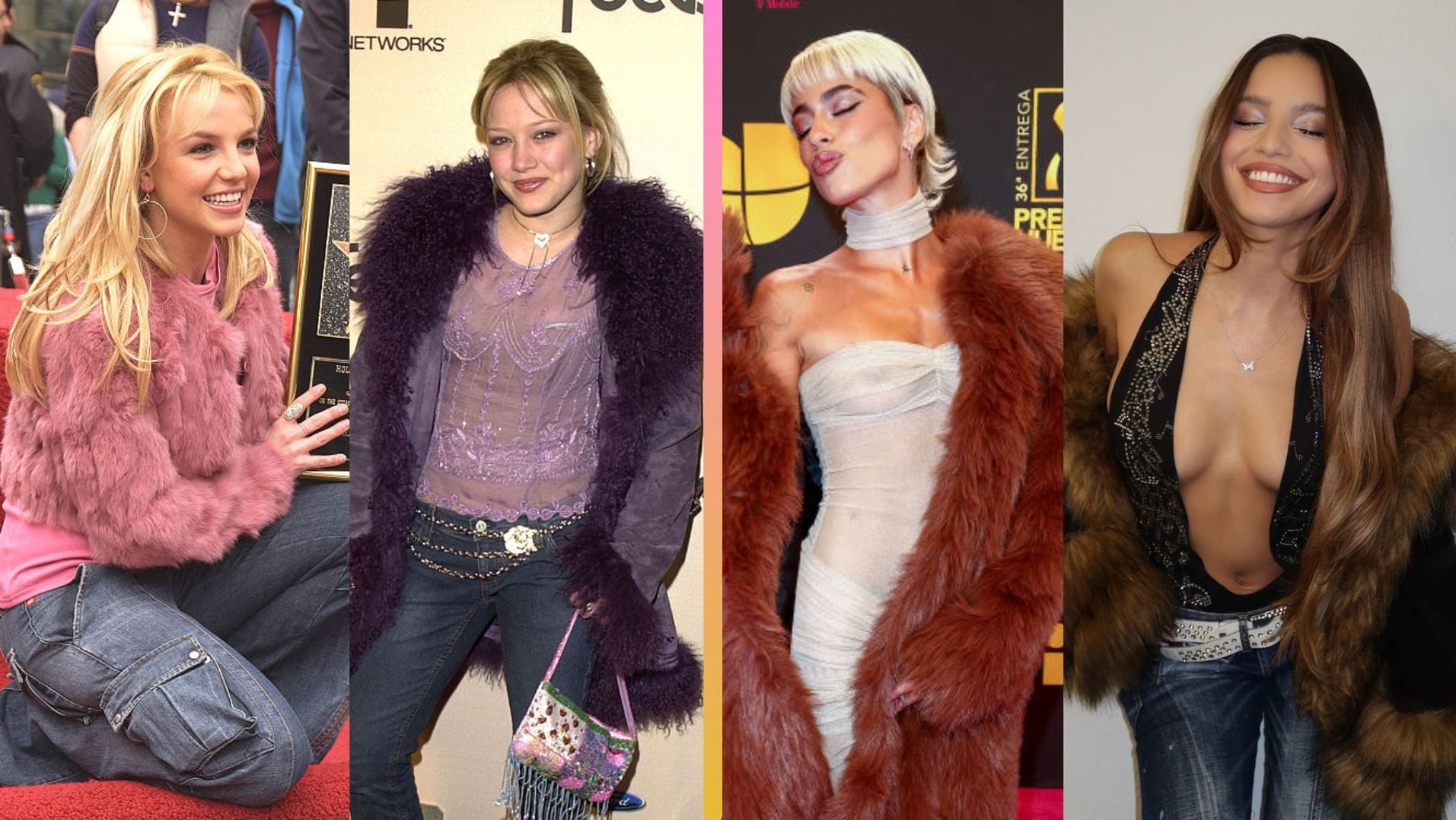 Britney Spears in 2003 and Hilary Duff in 2002 Vs. TINI & Emilia in 2023. Getty Images / Instagram.