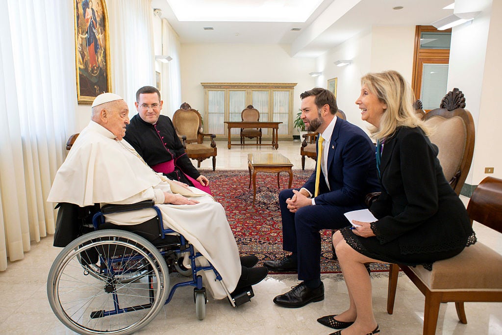 Pope Francis meets with U.S. Vice President JD Vance and delegation during an audience at Casa Santa Marta on April 20, 2025 in Vatican City, Vatican. Vatican Media via Vatican Pool/Getty Images