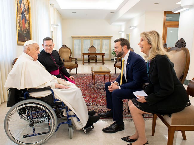 Pope Francis meets with U.S. Vice President JD Vance and delegation during an audience at Casa Santa Marta on April 20, 2025 in Vatican City, Vatican. Vatican Media via Vatican Pool/Getty Images