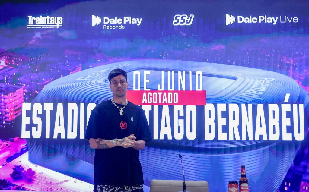 Duki poses before a press conference at the Santiago Bernabeu Stadium, on June 6, 2024, in Madrid, Spain. Duki offers a press conference on the occasion of his concert next Saturday, June 8 at the Santiago Bernabeu, where he presents his tour ‘ADA Tour’. The trap singer will perform in front of 65,000 people and will interpret hits such as ‘Si te Sentis Sola’, the single that took him to the top of the Argentinean scene. Ricardo Rubio/Europa Press via Getty Images