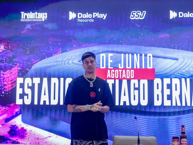 Duki poses before a press conference at the Santiago Bernabeu Stadium, on June 6, 2024, in Madrid, Spain. Duki offers a press conference on the occasion of his concert next Saturday, June 8 at the Santiago Bernabeu, where he presents his tour ‘ADA Tour’. The trap singer will perform in front of 65,000 people and will interpret hits such as ‘Si te Sentis Sola’, the single that took him to the top of the Argentinean scene. Ricardo Rubio/Europa Press via Getty Images