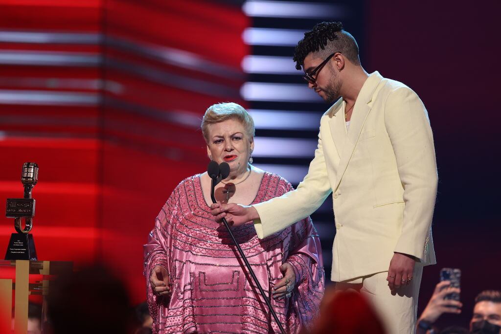 Paquita la del Barrio and Bad Bunny on stage at the Watsco Center in Coral Gables, FL on September 23, 2021. John Parra/Telemundo/NBCU Photo Bank via Getty Images