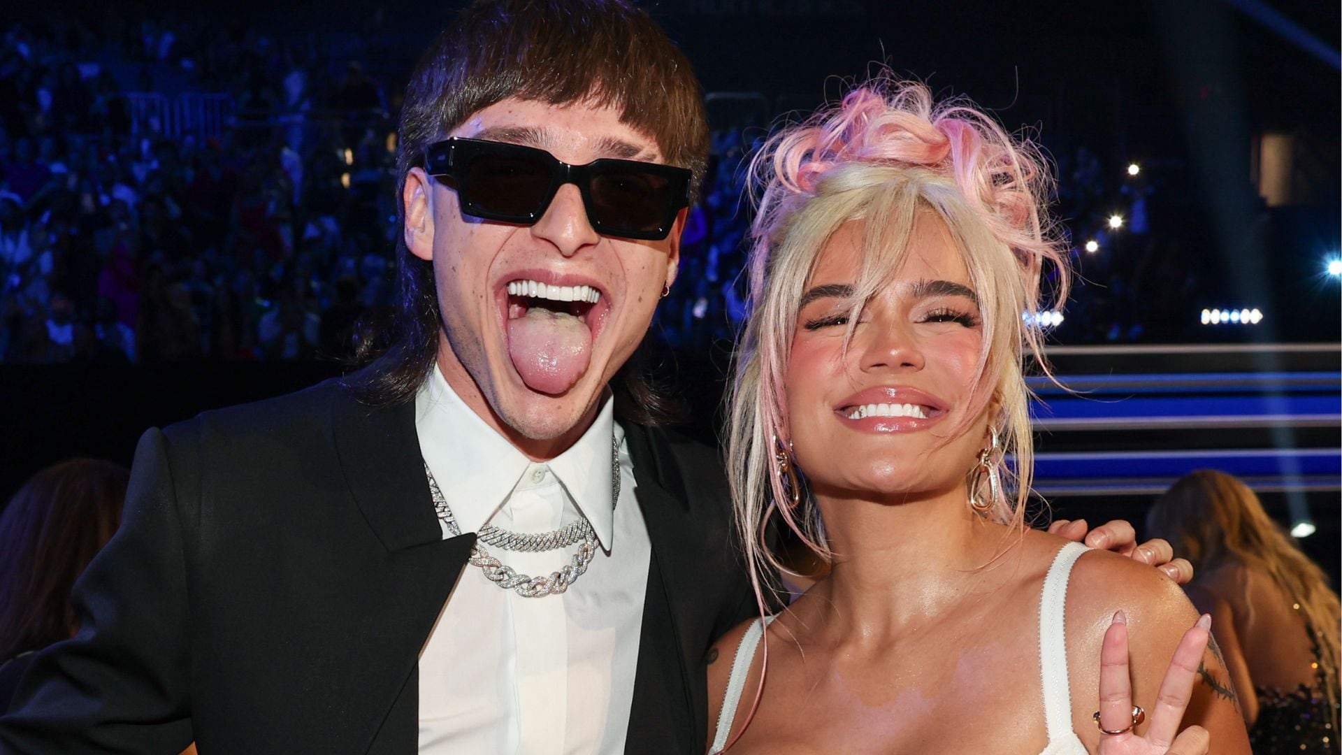 Peso Pluma and Karol G at the Billboard Latin Music Awards 2023 held at Watsco Center on October 5, 2023 in Coral Gables, Florida. Christopher Polk/Billboard via Getty Images