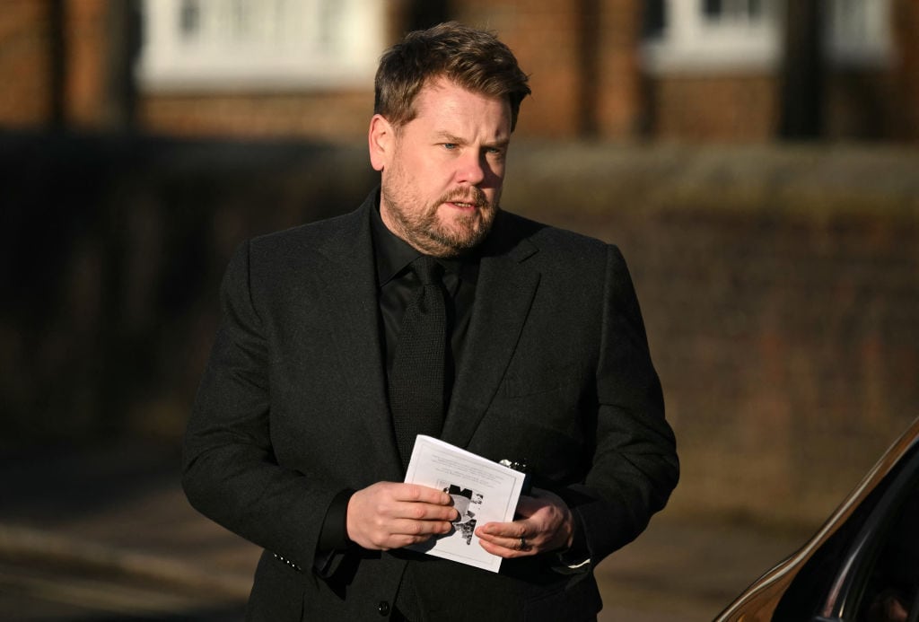 James Corden leaves after attending the funeral service of the late One Direction singer Liam Payne, at St Mary’s church in Amersham, west of London on November 20, 2024. The funeral of former One Direction singer Liam Payne who died last month after falling from his Buenos Aires hotel room was held on Wednesday. (Photo by JUSTIN TALLIS / AFP) (Photo by JUSTIN TALLIS/AFP via Getty Images)