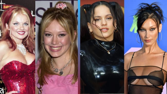 Geri Halliwell (Spice Girls) in 1997, Hillary Duff in 2002 Vs. Rosalía and Bella Hadid. Getty Images.