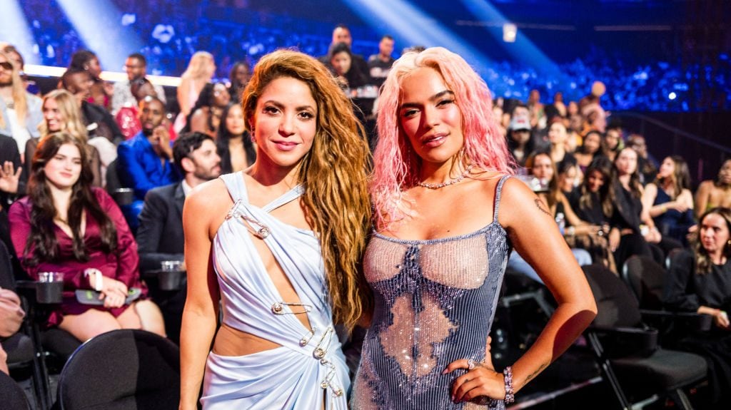 Shakira and Karol G attend the 2023 Video Music Awards at Prudential Center on September 12, 2023 in Newark, New Jersey. John Shearer/Getty Images for MTV