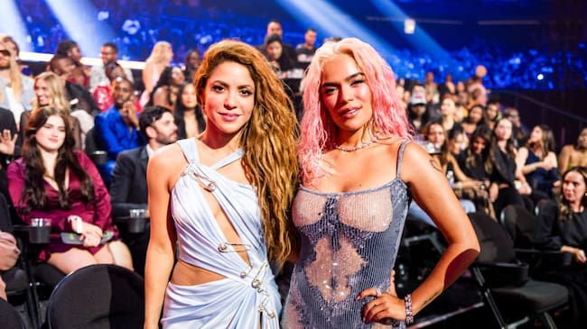 Shakira and Karol G attend the 2023 Video Music Awards at Prudential Center on September 12, 2023 in Newark, New Jersey. John Shearer/Getty Images for MTV