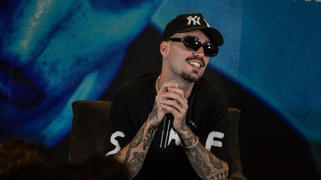 Daniel Heredia Vidal known as Rels B speaks during a press conference to promote his ‘Flakk Tour 2022’ at Palacio de los Deportes. On May 3, 2022 in Mexico City, Mexico. Aidee Martinez / Eyepix Group/Future Publishing via Getty Images