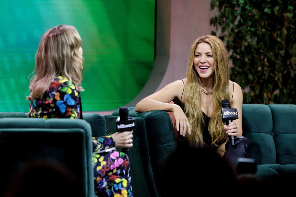 Leila Cobo and Shakira speak onstage during 2023 Billboard Latin Music Week – Hits Don’t Lie: The Superstar Q&A With Shakira at Faena Forum on October 04, 2023 in Miami Beach, Florida. Nine One Four Photography + Film/Getty Images