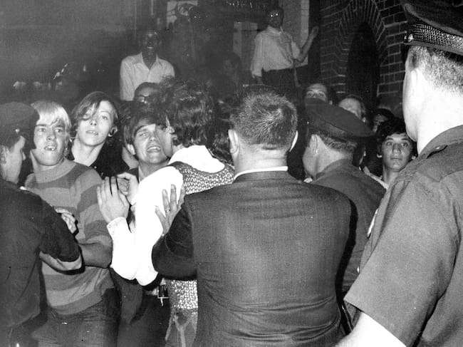 Stonewall Inn nightclub raid. Crowd attempts to impede police arrests outside the Stonewall Inn on Christopher Street in Greenwich Village. (Daily News Archive via Getty Images)