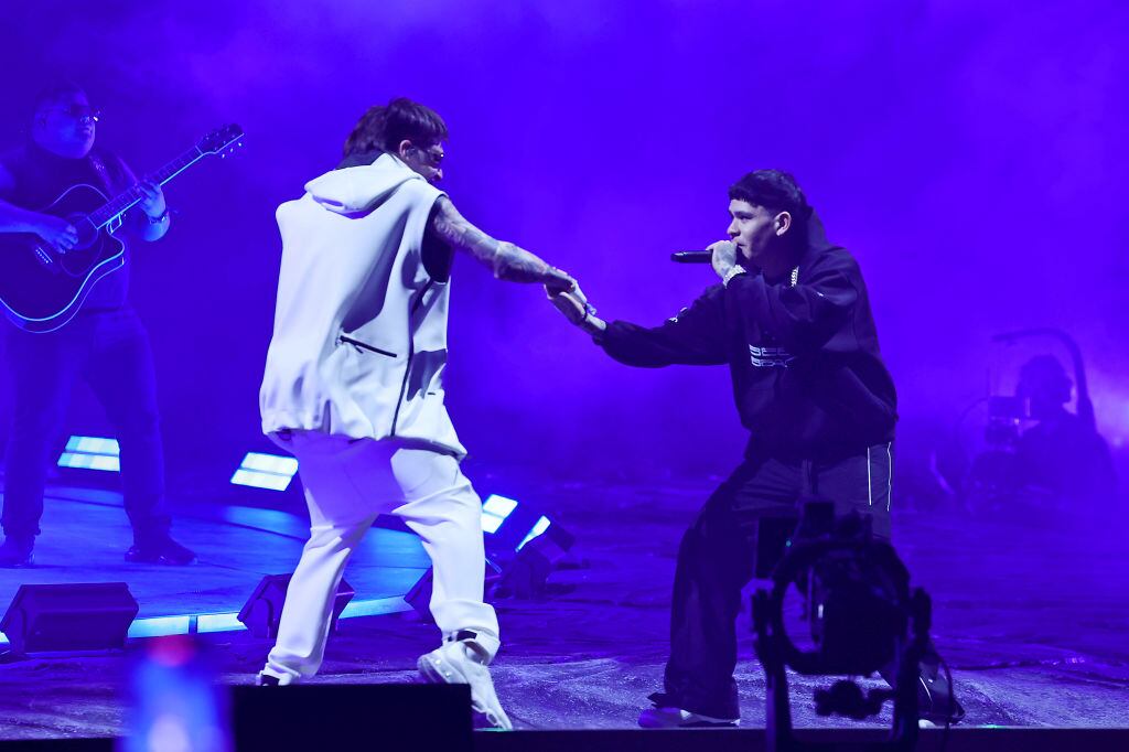 ‎Peso Pluma and Junior H perform at the Coachella Stage during the 2024 Coachella Valley Music and Arts Festival at Empire Polo Club on April 12, 2024 in Indio, California. Arturo Holmes/Getty Images for Coachella