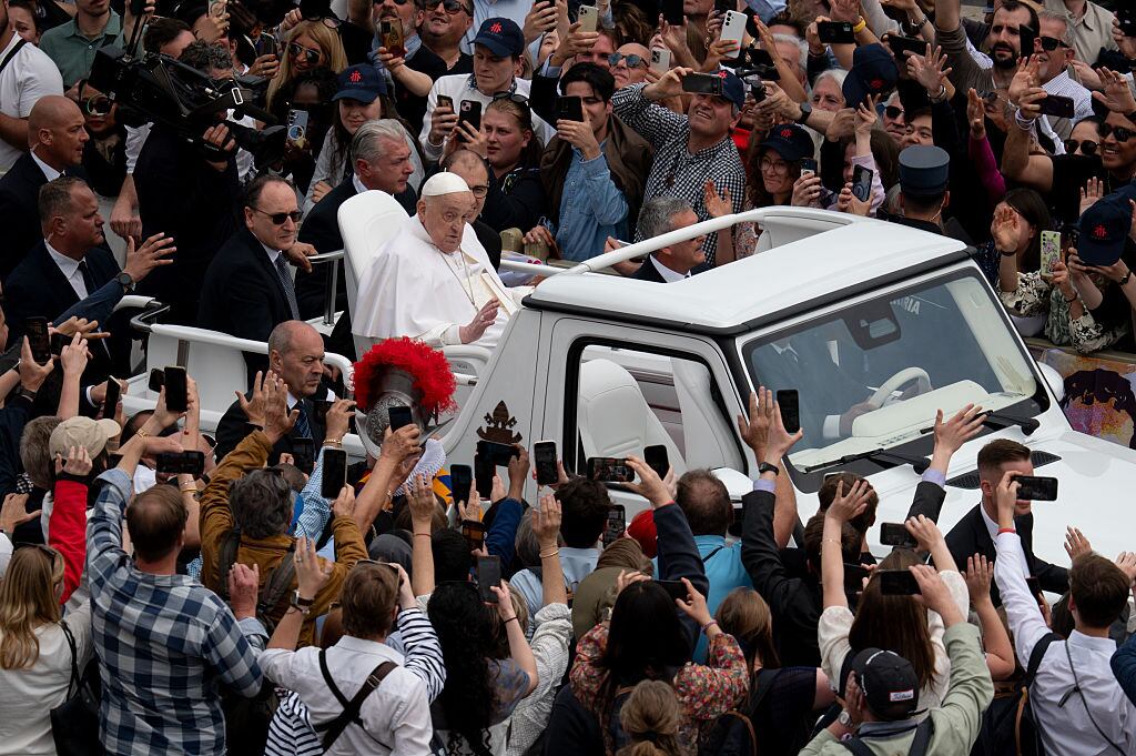 Pope Francis greets the faithful at the end of the Easter Mass celebrated by Cardinal Angelo Comastri to commemorate the resurrection of Jesus at the Vatican on April 20, 2025. Massimo Valicchia/NurPhoto via Getty Images