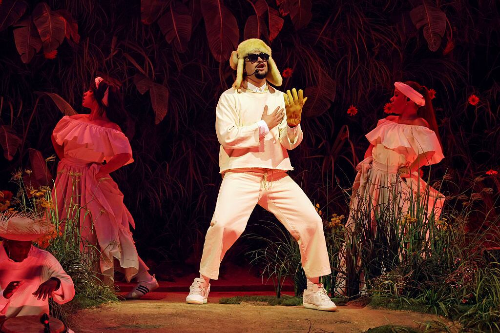 Bad Bunny performs onstage during Night One of Bad Bunny: «No Me Quiero Ir De Aqui» Residencia En El Choli at Coliseo de Puerto Rico José Miguel Agrelot on July 11, 2025 in San Juan, Puerto Rico. (Photo by Kevin Mazur/Getty Images)