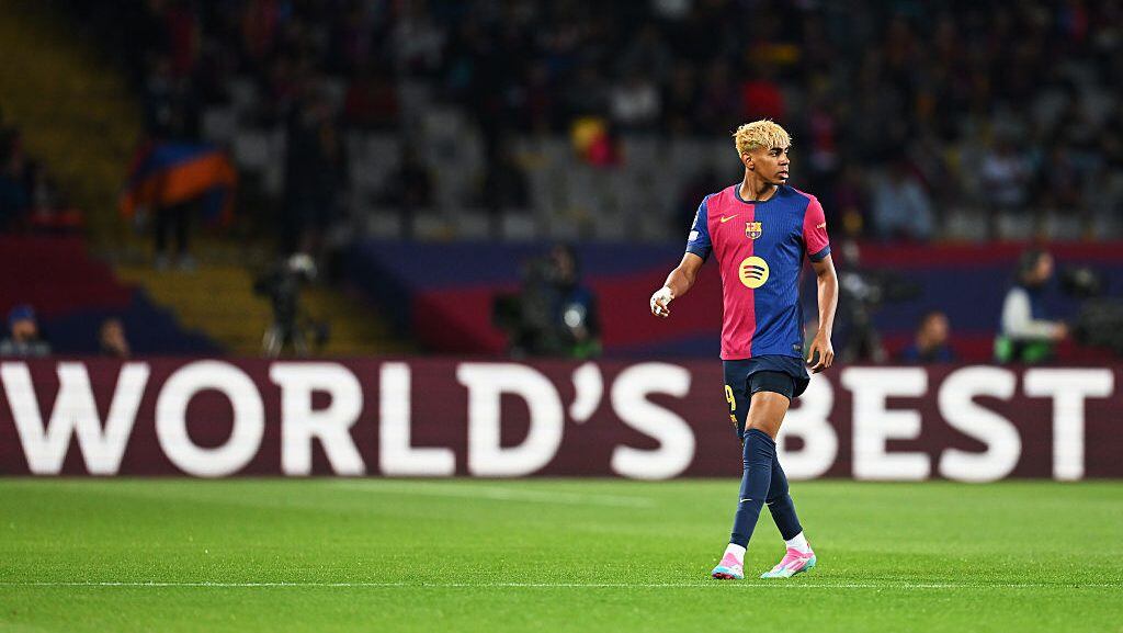 Lamine Yamal of FC Barcelona looks on during the UEFA Champions League 2024/25 Semi Final First Leg match between FC Barcelona and FC Internazionale Milano at Estadi Olimpic Lluis Companys on April 30, 2025 in Barcelona, Spain. (Michael Regan/UEFA via Getty Images)