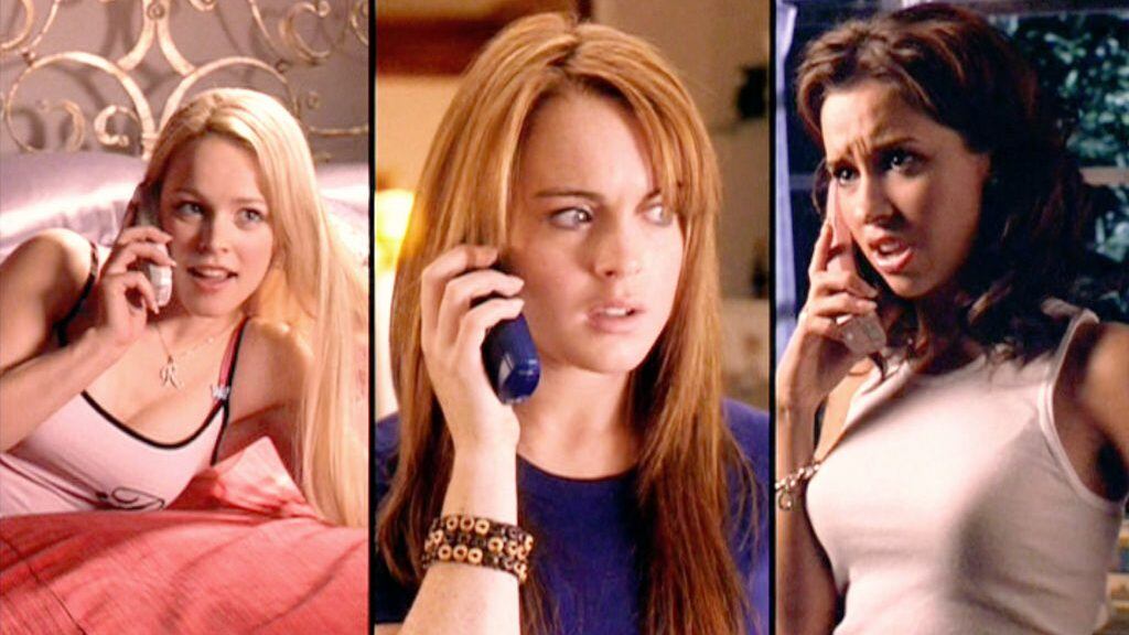 Three-way phone call scene, from left, Rachel McAdams (as Regina George), Lindsay Lohan (as Cady Heron) and Lacey Chabert (as Gretchen Wieners). Getty Images.