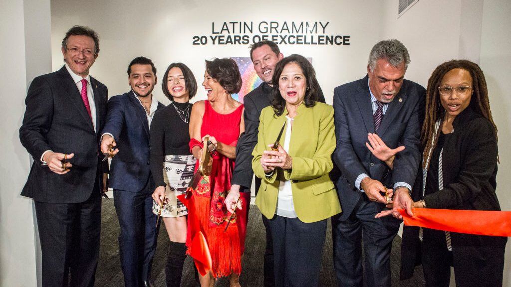 (L-R) Gabriel Abaroa, Christian Nodal, Angela Aguilar, Michael Sticka and Hilda Solis attend The Grammy Museum Latin Music Gallery Opening at The GRAMMY Museum on November 18, 2019 in Los Angeles, California. Harmony Gerber/Getty Images.