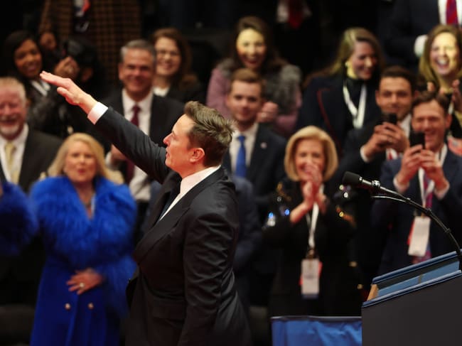 Elon Musk gestures while speaking during an inauguration event at Capital One Arena on January 20, 2025 in Washington, DC. Donald Trump takes office for his second term as the 47th president of the United States. Justin Sullivan/Getty Images