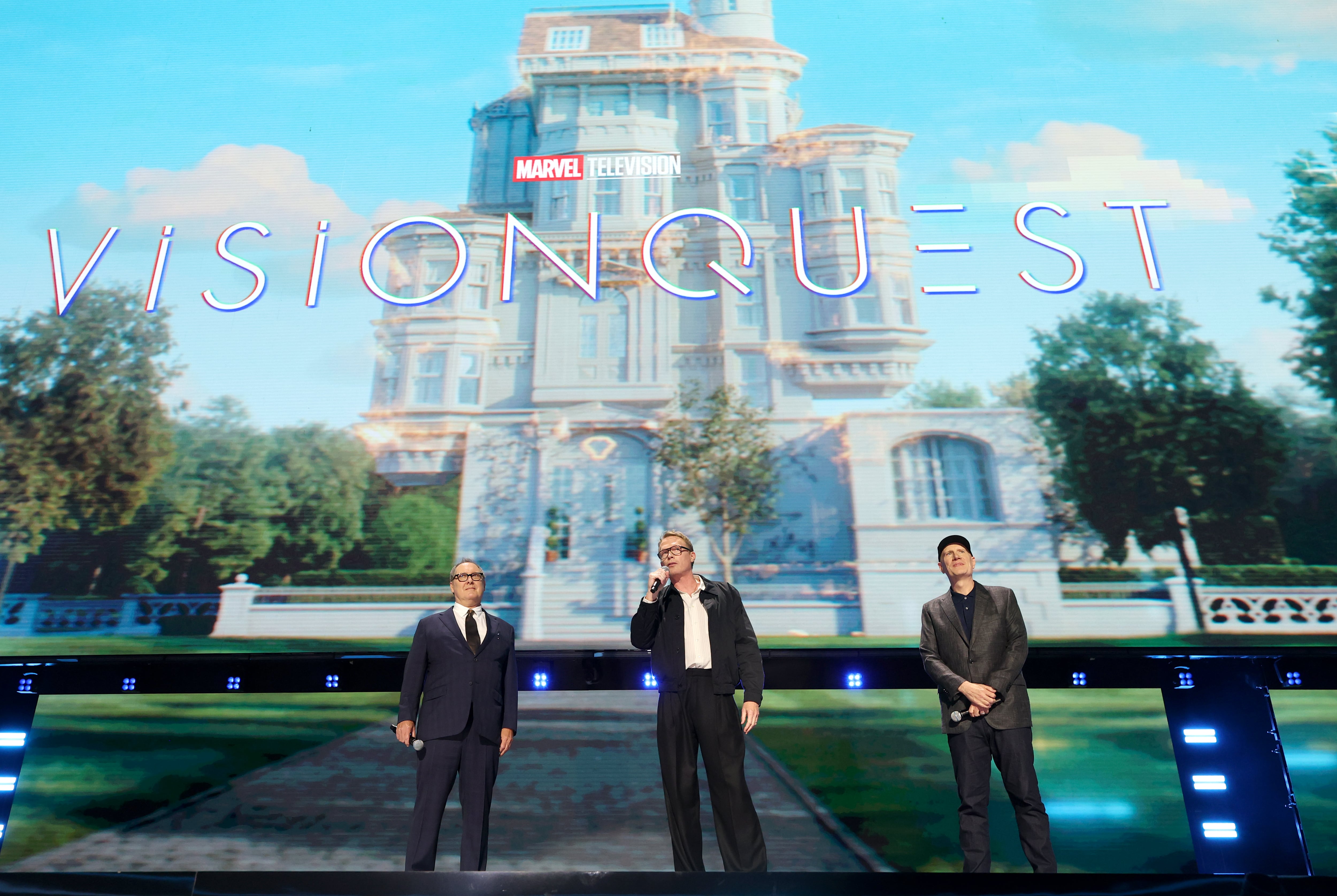 ANAHEIM, CALIFORNIA - AUGUST 14: (L-R) James Spader, Paul Bettany, and Kevin Feige, President, Marvel Studios, speak onstage at the Disney Entertainment Showcase at D23: The Ultimate Disney Fan Event on August 14, 2026 in Anaheim, California. (Photo by Kevin Mazur/Getty Images for Disney)