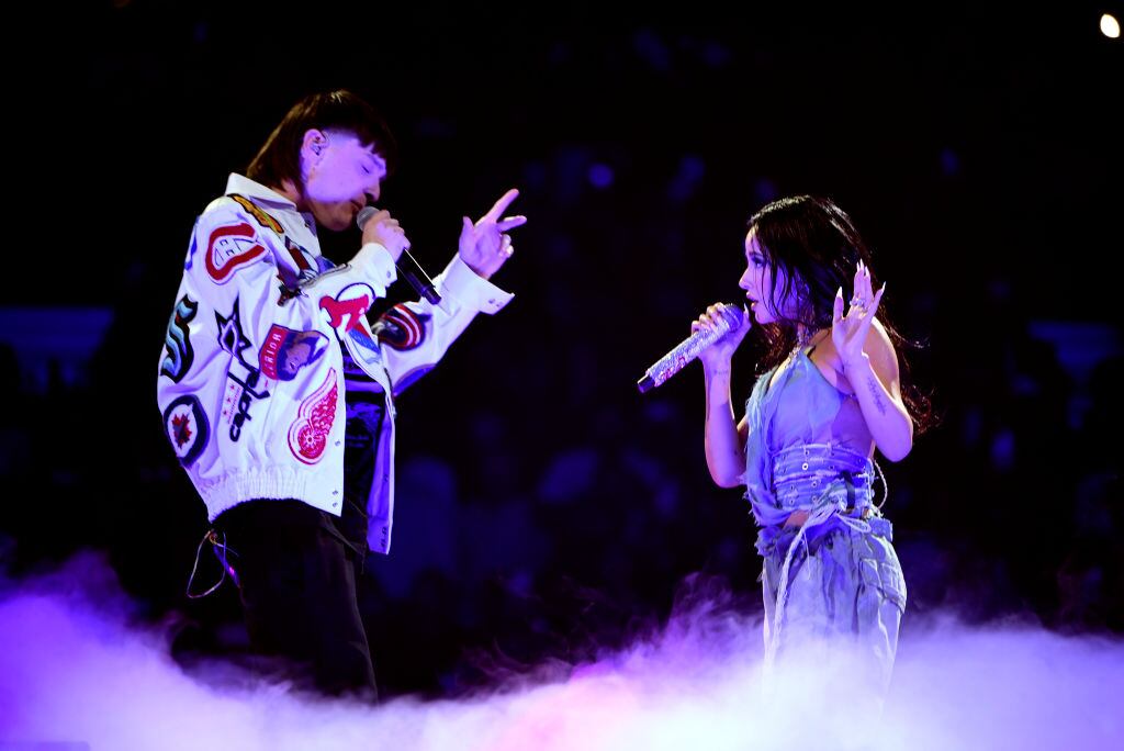 Peso Pluma and Becky G perform onstage during the 2023 Latin American Music Awards, 2023 in Las Vegas. Mindy Small / Getty Images