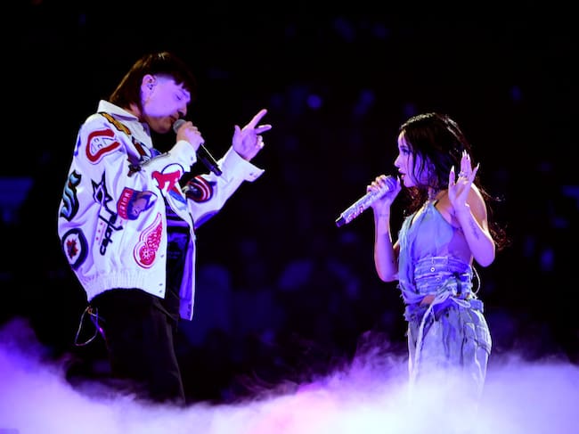 Peso Pluma and Becky G perform onstage during the 2023 Latin American Music Awards, 2023 in Las Vegas. Mindy Small / Getty Images