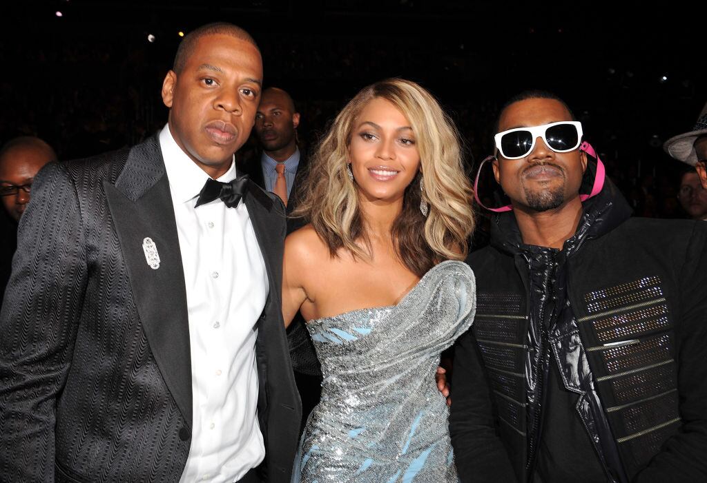 Rapper Jay-Z, singer Beyonce and rapper Kanye West at the 50th Annual GRAMMY Awards at the Staples Center on February 10, 2008 in Los Angeles, California. Lester Cohen/WireImage